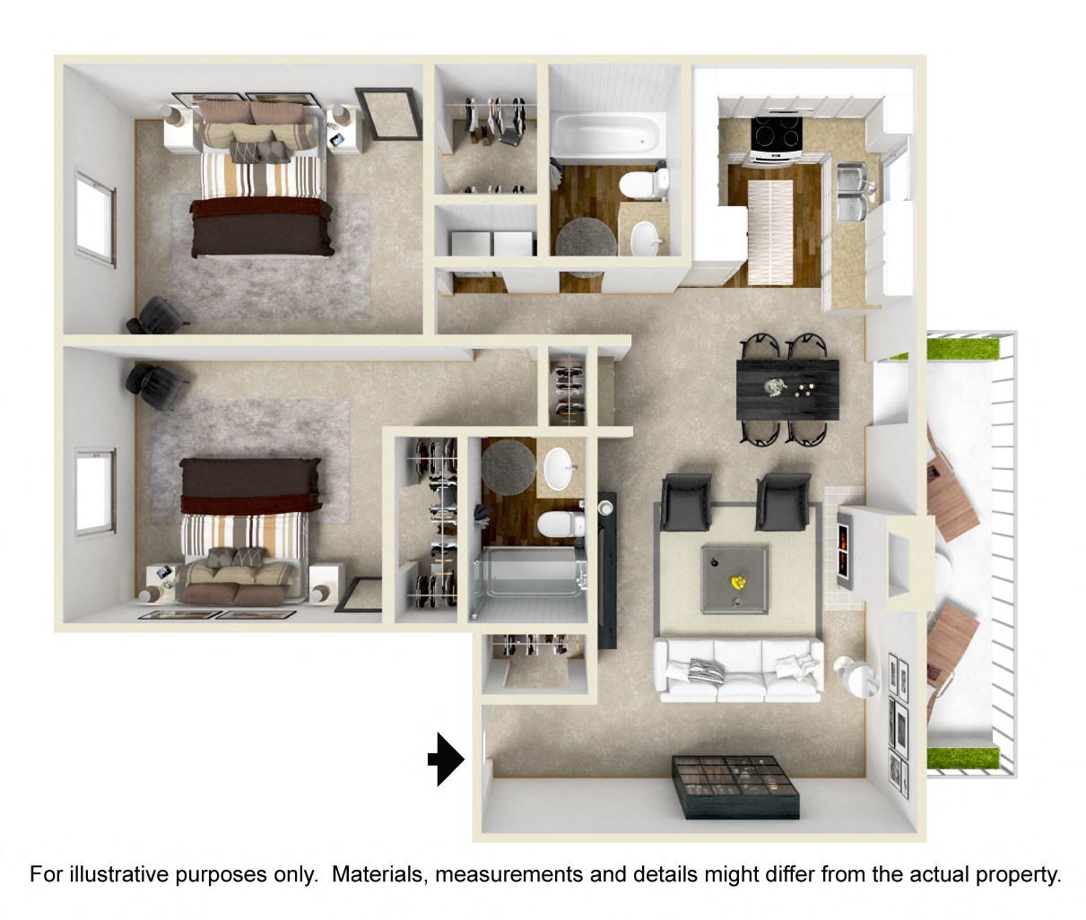 Floor plan for 2 beds, 2 baths, 1036 sqft